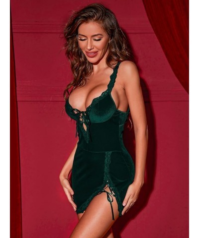 Women's Lingerie Velvet Nightgown Lace Slip Sleepwear Dress Dark Green $13.74 Sleep & Lounge