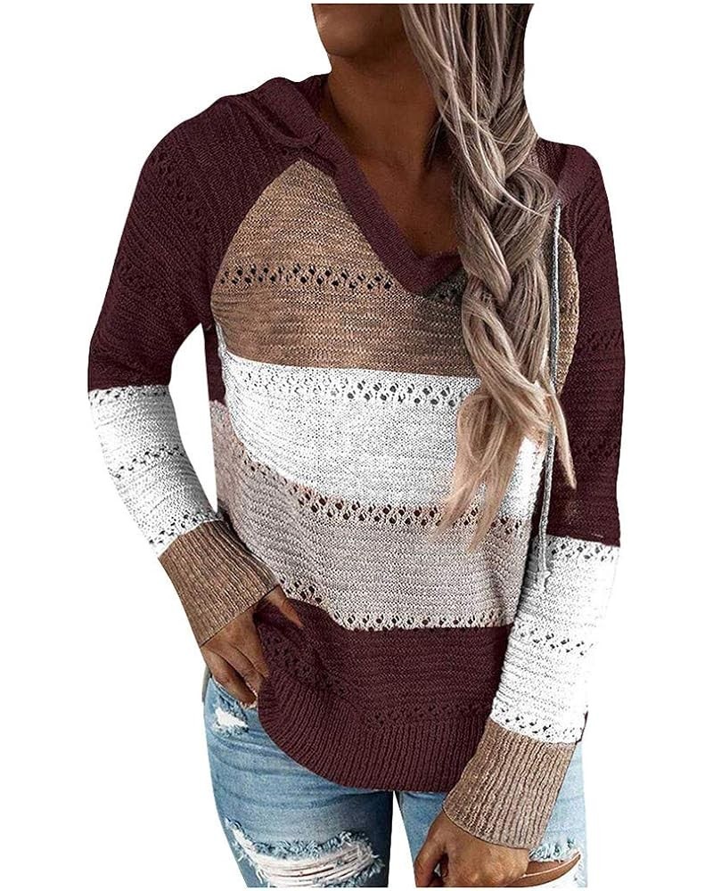 Sweaters for Women,Vedolay Womens Fashion Color Block Striped Sweaters Loose Hooded Pullover Jumper Tops Z1-wine $7.57 Sweaters