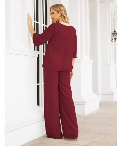 2 Piece Mother of The Bride Dresses Jacket Pant Sets Ruffled Layers Wedding Guest Dress Burgundy $40.14 Suits