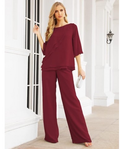 2 Piece Mother of The Bride Dresses Jacket Pant Sets Ruffled Layers Wedding Guest Dress Burgundy $40.14 Suits