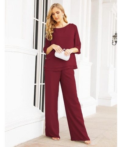 2 Piece Mother of The Bride Dresses Jacket Pant Sets Ruffled Layers Wedding Guest Dress Burgundy $40.14 Suits