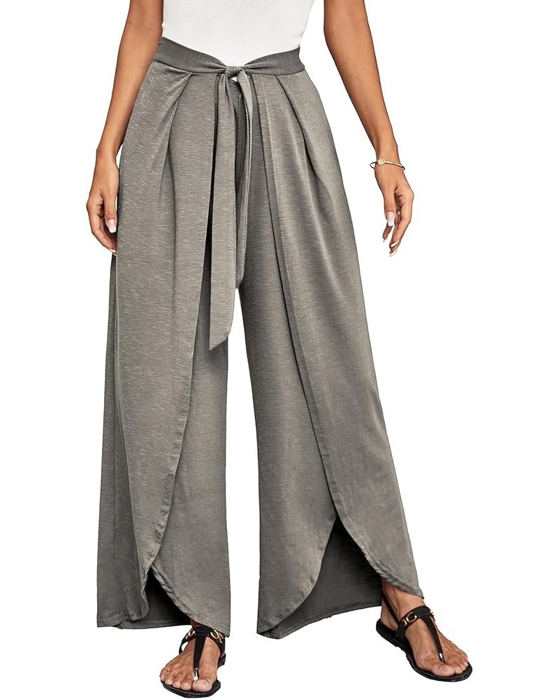 Women's Tie Front High Waist Split Wide Leg Palazzo Pants Wrap Flowy Trousers Light Gray $9.02 Pants