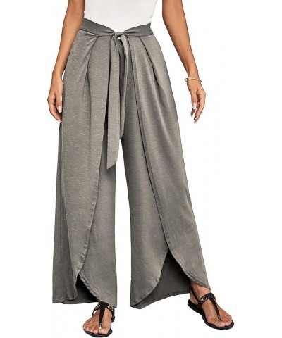 Women's Tie Front High Waist Split Wide Leg Palazzo Pants Wrap Flowy Trousers Light Gray $9.02 Pants