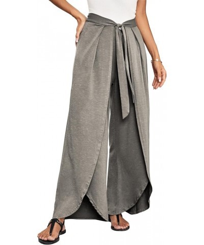 Women's Tie Front High Waist Split Wide Leg Palazzo Pants Wrap Flowy Trousers Light Gray $9.02 Pants