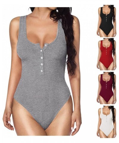 Women's Sexy Scoop Neck Bodysuit 2024 Summer Sleeveless Button Down Tank Top Jumpsuits Bodycon Bodysuits Tops 01 Gray $6.37 B...