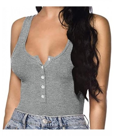 Women's Sexy Scoop Neck Bodysuit 2024 Summer Sleeveless Button Down Tank Top Jumpsuits Bodycon Bodysuits Tops 01 Gray $6.37 B...