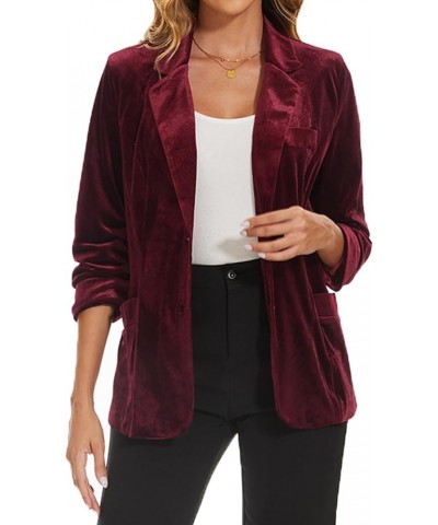 Womens Velvet Blazer Suit Jacket Casual Work Office Long Sleeve Fully Lined Blazer Jacket with Pocket Outerwear Wine Red $23....