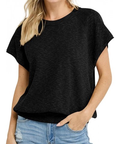 Womens Short Sleeve Crewneck Sweater Summer Tops Casual Loose Knit Lightweight Basic Pullover Shirts Black $18.14 Sweaters