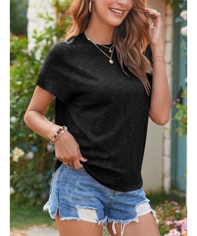 Womens Short Sleeve Crewneck Sweater Summer Tops Casual Loose Knit Lightweight Basic Pullover Shirts Black $18.14 Sweaters