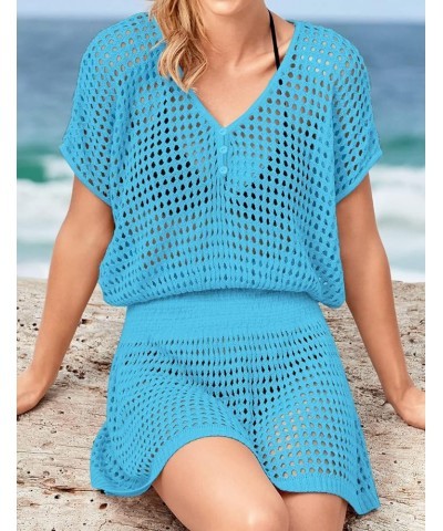 Women Crochet Hollow Out Swim Cover Ups Short Sleeve Beach Swimwear Tunic Dress Hollow Out Bright Blue $18.14 Swimsuits