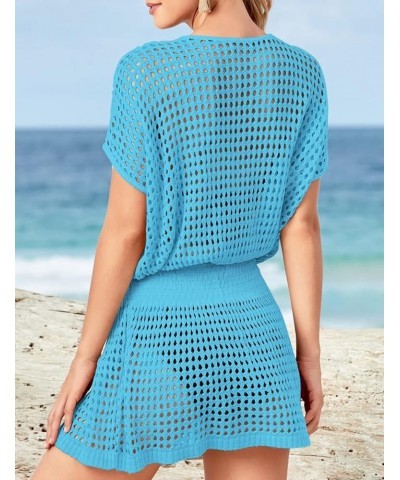 Women Crochet Hollow Out Swim Cover Ups Short Sleeve Beach Swimwear Tunic Dress Hollow Out Bright Blue $18.14 Swimsuits