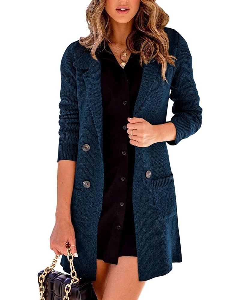 Women Open Front Lapel Collar Cardigan Button Down Long Sweaters Cardigan Solid Outerwear Coats Blue $22.56 Sweaters