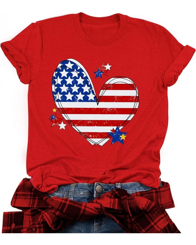 American Flag Heart Shirt Women Patriotic T-Shirt 4th of July Graphic Tees Shirts USA Flag Star Stripe Tops Red $9.20 T-Shirts