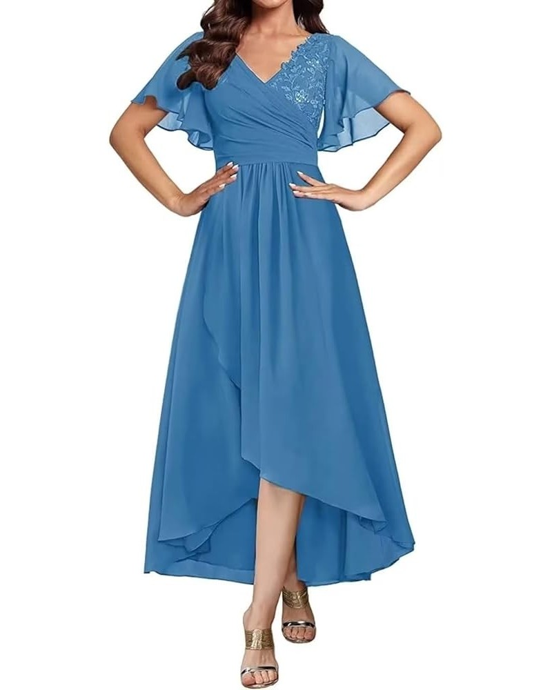 Tea Length Mother of The Bride Dresses Short Sleeves Chiffon Lace V-Neck Evening Dress for Women Formal Ocean Blue $35.00 Dre...