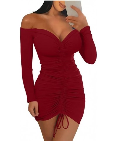 Women's Sexy Elegant Long Sleeve Off The Shoulder Ruched Mini Dress Winered-two $17.97 Dresses