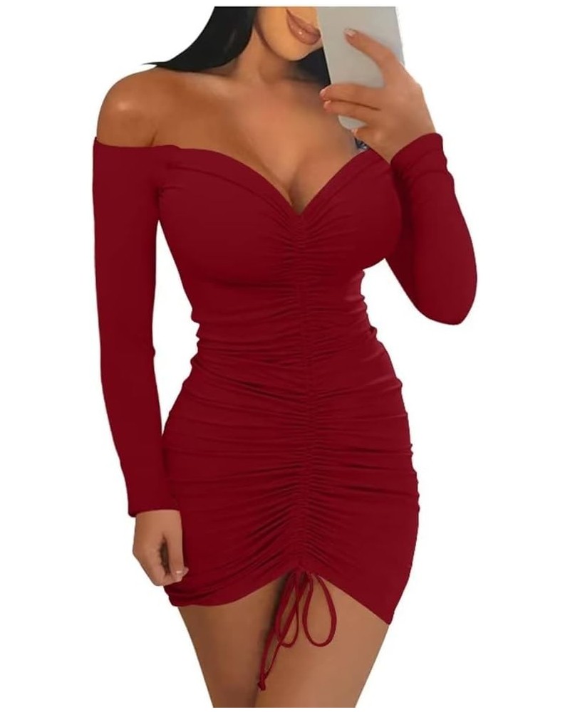 Women's Sexy Elegant Long Sleeve Off The Shoulder Ruched Mini Dress Winered-two $17.97 Dresses