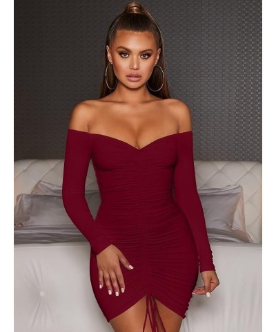 Women's Sexy Elegant Long Sleeve Off The Shoulder Ruched Mini Dress Winered-two $17.97 Dresses