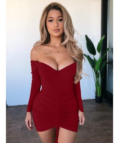 Women's Sexy Elegant Long Sleeve Off The Shoulder Ruched Mini Dress Winered-two $17.97 Dresses