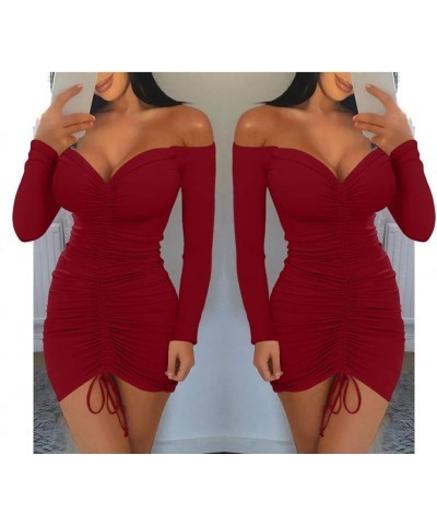 Women's Sexy Elegant Long Sleeve Off The Shoulder Ruched Mini Dress Winered-two $17.97 Dresses