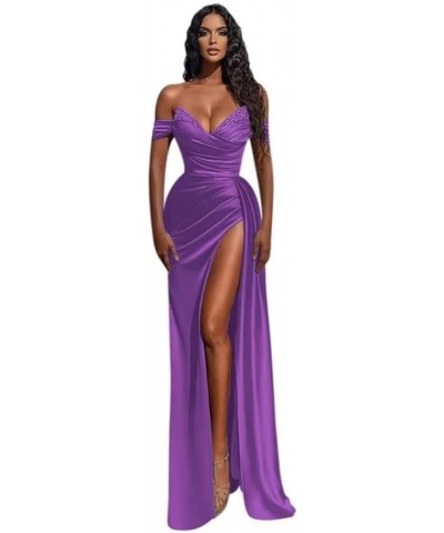 Women's Beaded Off Shoulder Prom Dresses Satin high Slit Long Pleated Formal Evening Party Gowns Purple $35.20 Dresses