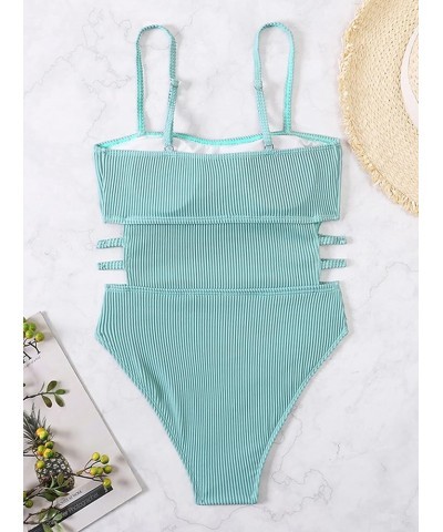 Women's Ribbed One Piece Swimwear Cutout Tummy Control Bathing Suit Dark Green $16.79 Swimsuits