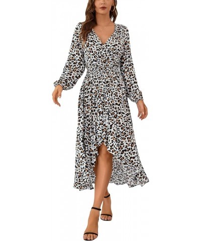 Women V Neck Floral High Low Flowy Boho Long Sleeve Party Long Maxi Dress D10-white/Brown $13.19 Dresses