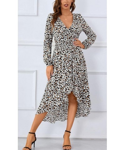 Women V Neck Floral High Low Flowy Boho Long Sleeve Party Long Maxi Dress D10-white/Brown $13.19 Dresses