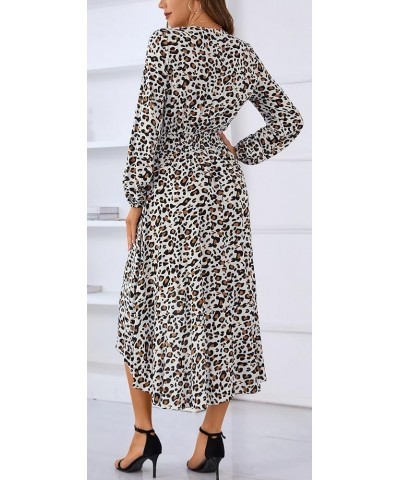 Women V Neck Floral High Low Flowy Boho Long Sleeve Party Long Maxi Dress D10-white/Brown $13.19 Dresses