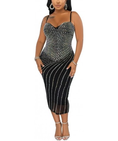 Women Sexy Spaghetti Strap V Neck Rhinestone Embellished Bodycon Midi Sparkle Glitter Dress B3-black $28.07 Dresses