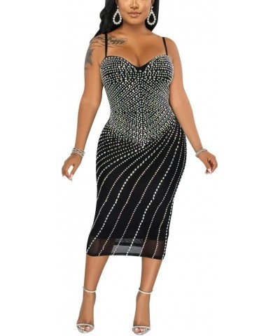 Women Sexy Spaghetti Strap V Neck Rhinestone Embellished Bodycon Midi Sparkle Glitter Dress B3-black $28.07 Dresses