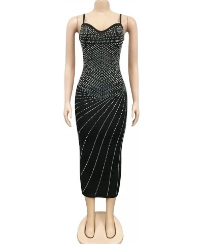 Women Sexy Spaghetti Strap V Neck Rhinestone Embellished Bodycon Midi Sparkle Glitter Dress B3-black $28.07 Dresses