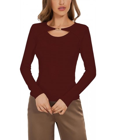 Women's Sexy Basic Slim Fit Cut Out Long Sleeve T Shirt Tops 027 Red $14.72 T-Shirts