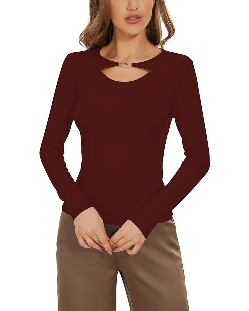 Women's Sexy Basic Slim Fit Cut Out Long Sleeve T Shirt Tops 027 Red $14.72 T-Shirts