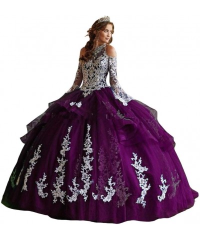 Women's Off Shoulder Quinceanera Dresses Lace Appliques Long Sleeve Prom Ball Gown Fuchsia $61.74 Dresses