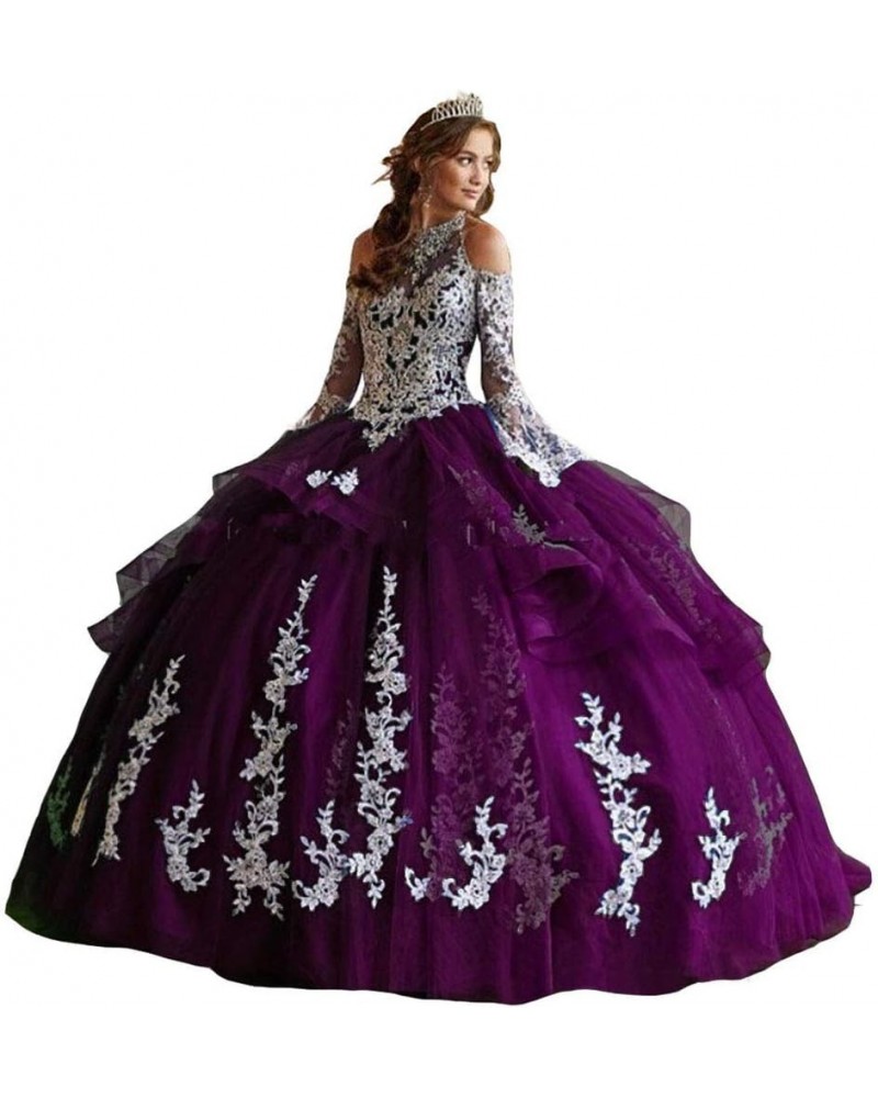 Women's Off Shoulder Quinceanera Dresses Lace Appliques Long Sleeve Prom Ball Gown Fuchsia $61.74 Dresses