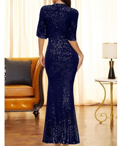 Women's Half Sleeve High Neck Sequin Long Evening Dress Party Maxi Dress Blue $45.04 Dresses