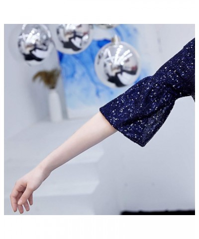 Women's Half Sleeve High Neck Sequin Long Evening Dress Party Maxi Dress Blue $45.04 Dresses