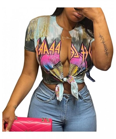 Women Graphic Tees Cut Up Tassel Shirts Fringe Open Front Crop Top Short Sleeve T-Shirt Blue-grey $10.36 T-Shirts