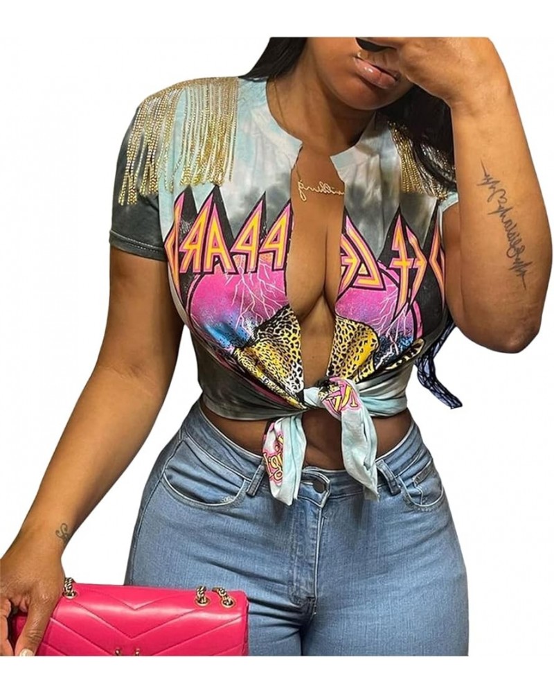 Women Graphic Tees Cut Up Tassel Shirts Fringe Open Front Crop Top Short Sleeve T-Shirt Blue-grey $10.36 T-Shirts