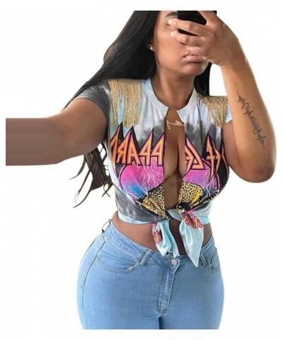 Women Graphic Tees Cut Up Tassel Shirts Fringe Open Front Crop Top Short Sleeve T-Shirt Blue-grey $10.36 T-Shirts