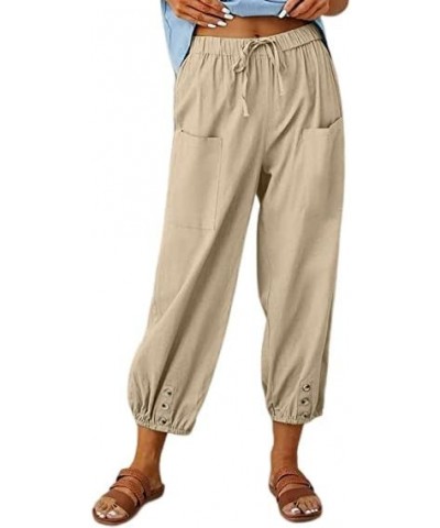 Women's Plus Size Capri Pants High Waist Drawstring Cinch Cotton Linen Casual Button Trouser with Pockets Khaki $13.99 Pants