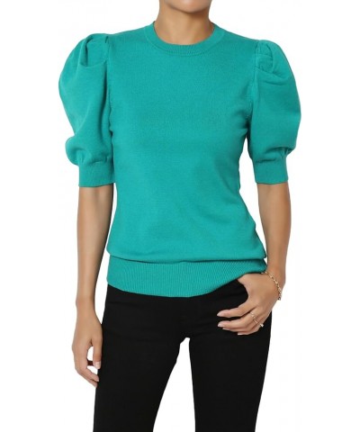 Women's Puff Short Sleeve Sweater Crew Neck Casual Pullover Knit Top Puff Lt Teal $15.98 Sweaters