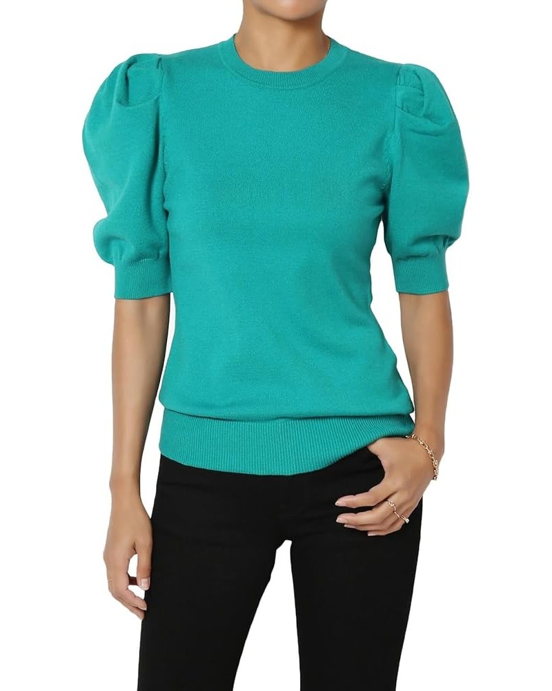 Women's Puff Short Sleeve Sweater Crew Neck Casual Pullover Knit Top Puff Lt Teal $15.98 Sweaters