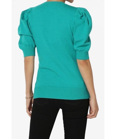 Women's Puff Short Sleeve Sweater Crew Neck Casual Pullover Knit Top Puff Lt Teal $15.98 Sweaters