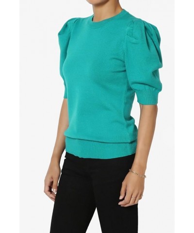 Women's Puff Short Sleeve Sweater Crew Neck Casual Pullover Knit Top Puff Lt Teal $15.98 Sweaters