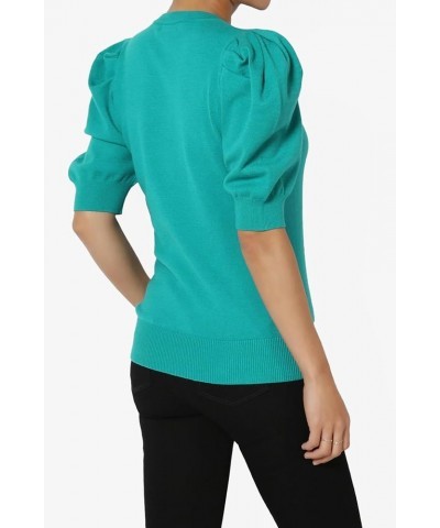 Women's Puff Short Sleeve Sweater Crew Neck Casual Pullover Knit Top Puff Lt Teal $15.98 Sweaters