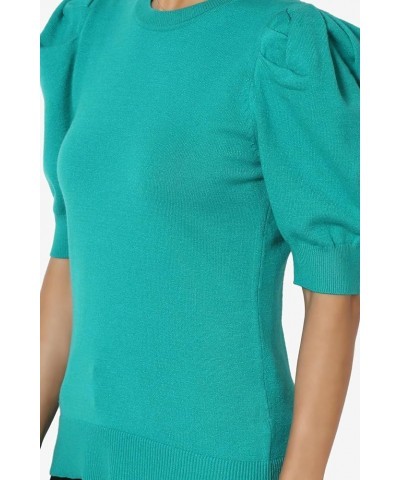 Women's Puff Short Sleeve Sweater Crew Neck Casual Pullover Knit Top Puff Lt Teal $15.98 Sweaters