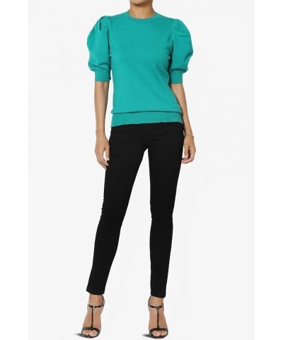 Women's Puff Short Sleeve Sweater Crew Neck Casual Pullover Knit Top Puff Lt Teal $15.98 Sweaters