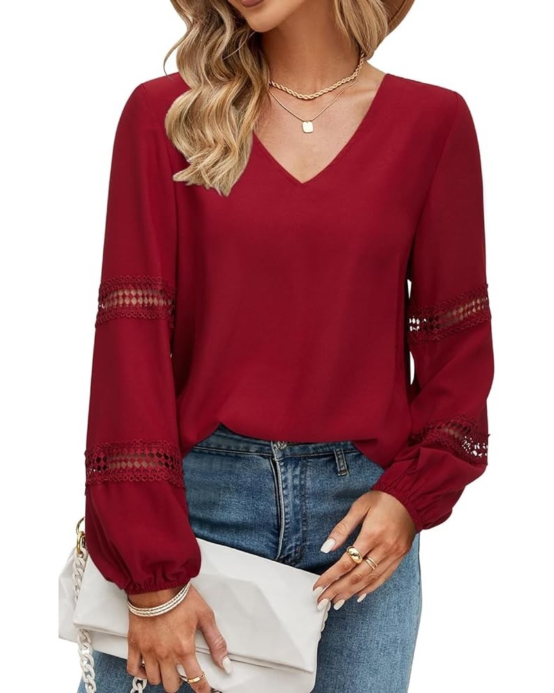 Womens Casual Bell Sleeve V Neck Loose Tops Chiffon Blouse Dressy Shirt Long Sleeve A-wine $14.24 Blouses