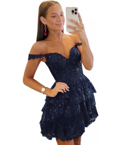 Tiered Lace Sequin Homecoming Dresses for Teens 2024 Off Shoulder Ruffle Prom Dress Sparkly Mini Cocktail Gown Navy Blue $46....